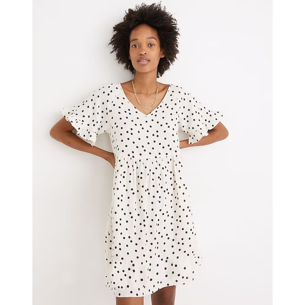 Madewell Lightspun Ruffle-Sleeve Babydoll Dress in Dot Toss Ivory XS